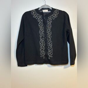 Vintage hand beaded black cardigan handmade floral embroidery button front